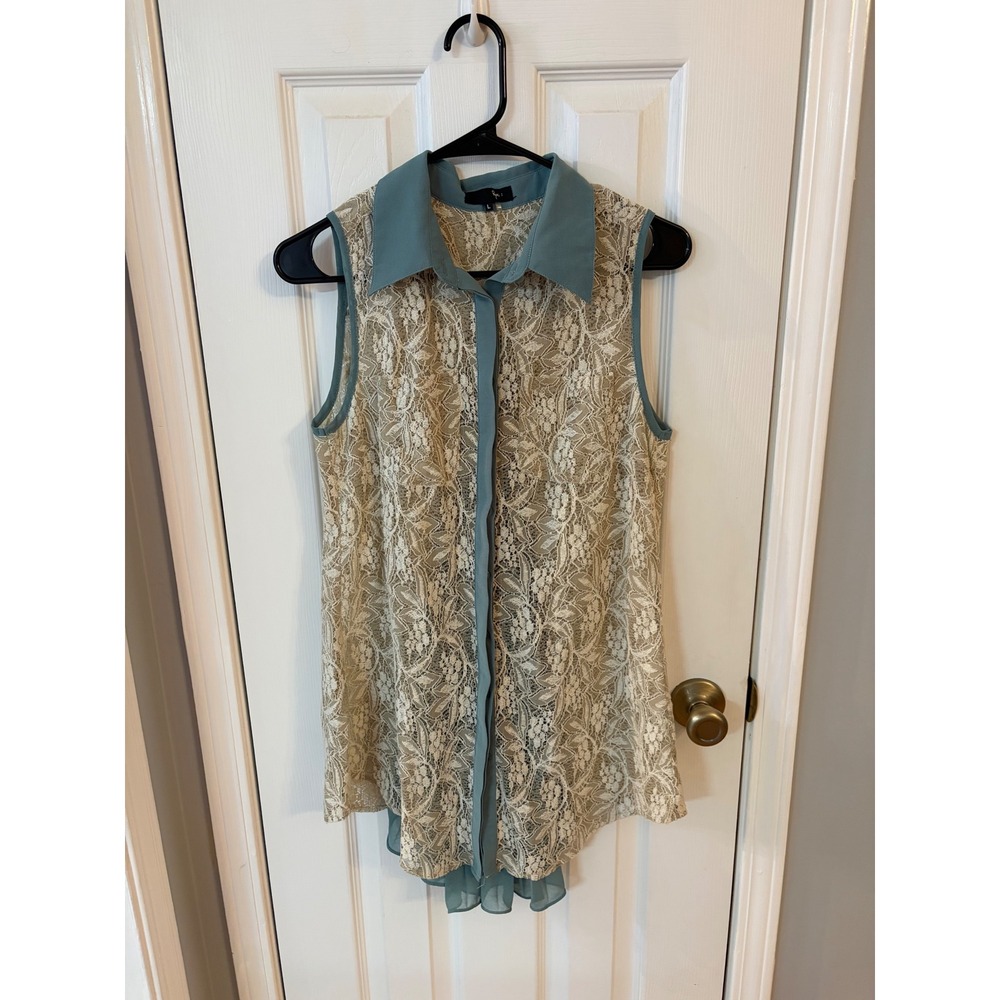 Ryu Sleeveless Top Womens Large Blue Cream Floral Lace Pleated Back High Low